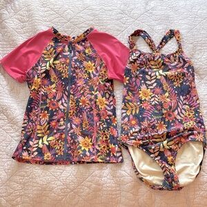 Girls size 14 Swim Set | Garnet Hill One Piece and Rashgaurd | Floral Swimsuit
